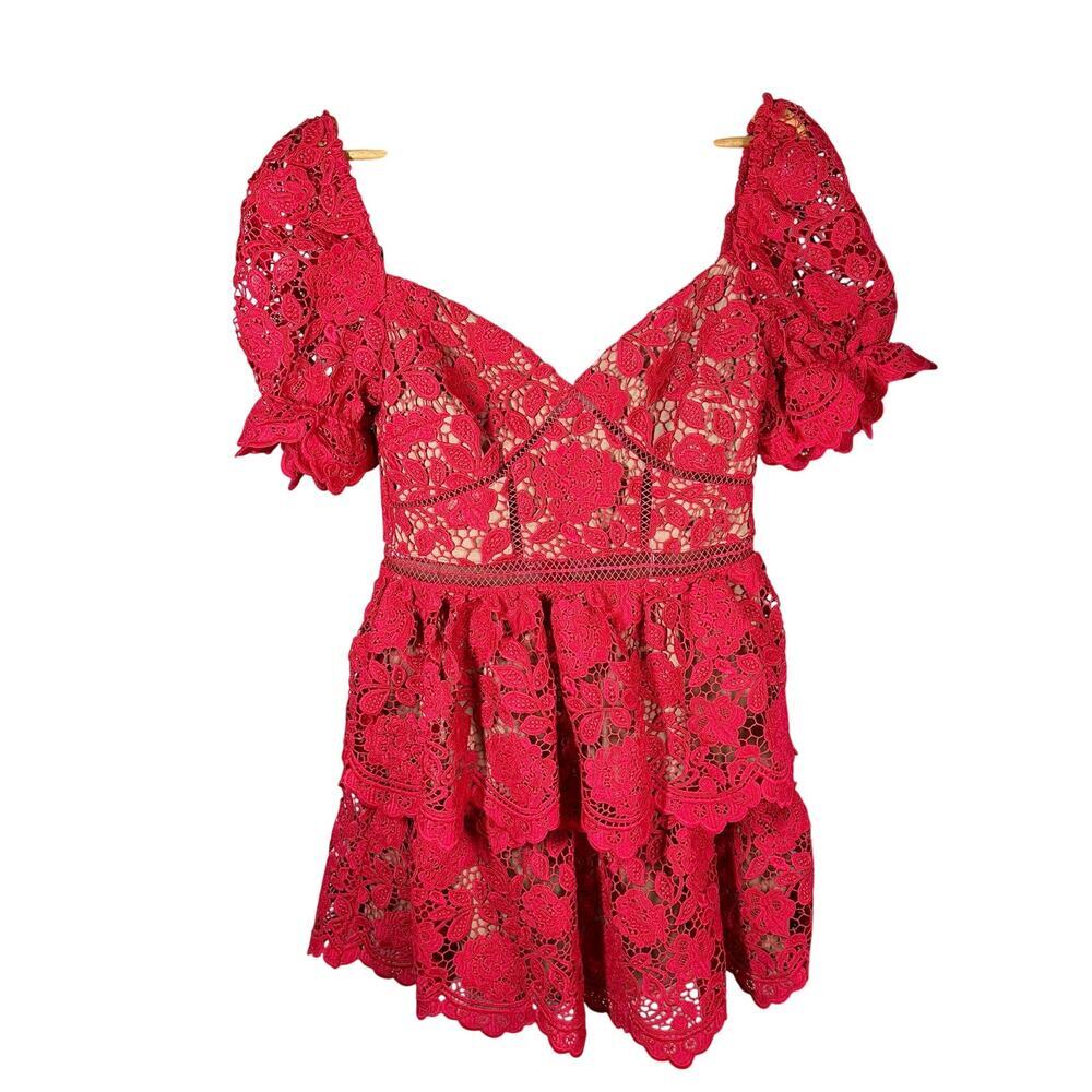 Self-Portrait Red Lace Tiered Mini Dress - Picture 2 of 12